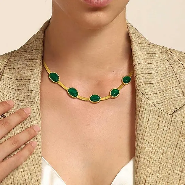 ZIVOM® Green Beads 18K Gold Stainless Steel Snake Necklace Chain For Women